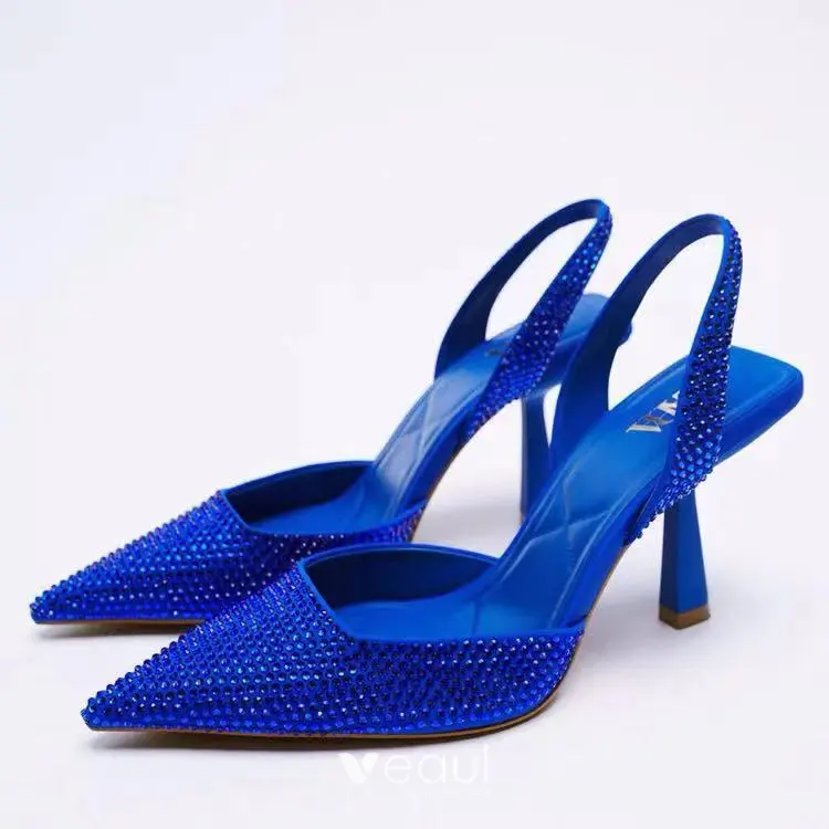 Charmant Bleu Roi Soiree Faux Diamant Chaussures Femmes 2021 6 cm Talons Aiguilles A Bout Pointu Talons Hauts