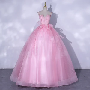 Chic Beautiful Candy Pink Prom Dresses 2021 Ball Gown Spaghetti Straps Sleeveless Backless Bow Floor Length Long Prom Formal Dresses