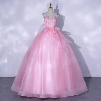 Chic Beautiful Candy Pink Prom Dresses 2021 Ball Gown Spaghetti Straps Sleeveless Backless Bow Floor Length Long Prom Formal Dresses
