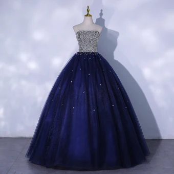 Chic Belle Bleu Marine Robe De Bal 2021 Robe Boule Bustier Perlage Paillettes Sans Manches Dos Nu Longue Robe De Ceremonie