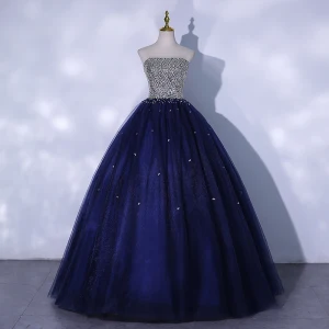 Chic Belle Bleu Marine Robe De Bal 2021 Robe Boule Bustier Perlage Paillettes Sans Manches Dos Nu Longue Robe De Ceremonie