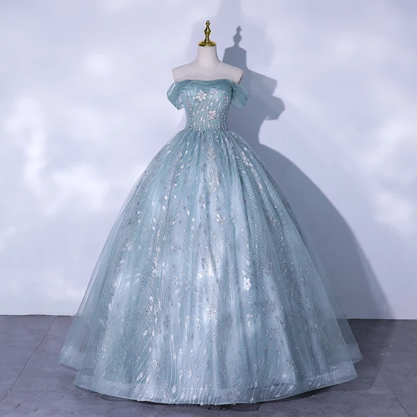 Chic / Beautiful Sage Green Glitter Prom Dresses 2021 Ball Gown Off-The-Shoulder Beading Sequins Short Sleeve Backless Floor-Length / Long Formal Dresses
