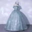 Chic / Beautiful Sage Green Glitter Prom Dresses 2021 Ball Gown Off-The-Shoulder Beading Sequins Short Sleeve Backless Floor-Length / Long Formal Dresses