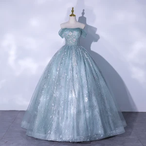 Hermoso Verde Salvia Glitter Vestidos De Gala 2021 Ball Gown Fuera Del Hombro Rebordear Lentejuelas Manga Corta Sin Espalda Largos Vestidos Formales
