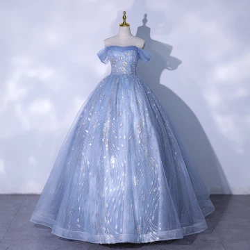 Élégant Bleu Ciel Glitter Perlage Paillettes Robe De Bal 2021 De L Épaule Manches Courtes Dos Nu Longue Robe De Ceremonie