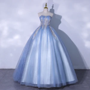 Élégant Bleu Ciel Robe De Bal 2021 Robe Boule Bustier Perlage Paillettes En Dentelle Fleur Sans Manches Dos Nu Longue Robe De Ceremonie