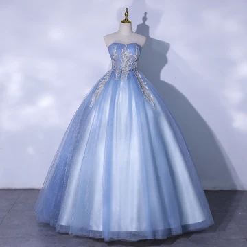 Elegant Sky Blue Prom Dresses 2021 Ball Gown Strapless Beading Sequins Lace Flower Sleeveless Backless Floor Length Long Formal Dresses