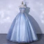 Elegant Sky Blue Prom Dresses 2021 Ball Gown Strapless Beading Sequins Lace Flower Sleeveless Backless Floor-Length / Long Formal Dresses