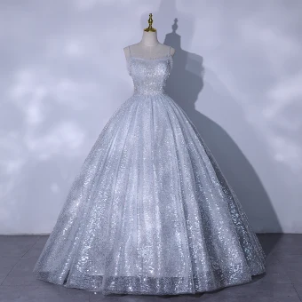 Sparkly Charming Sequins Silver Prom Dresses 2021 A Line Princess Spaghetti Straps Sleeveless Backless Floor Length Long Formal Dresses