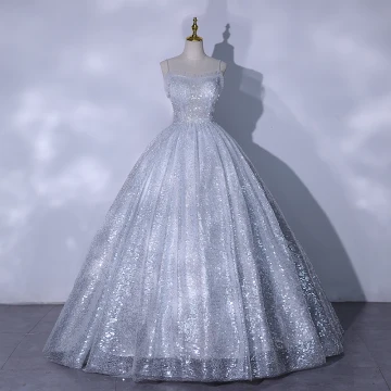 Scintillantes Charmant Paillettes Argenté Robe De Bal 2021 Princesse Bretelles Spaghetti Sans Manches Dos Nu Longue Robe De Ceremonie