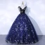 Chic / Beautiful Navy Blue Suede Prom Dresses 2021 Ball Gown Spaghetti Straps Lace Flower Sleeveless Backless Floor-Length / Long Formal Dresses