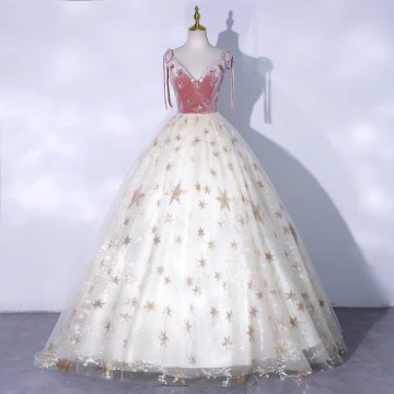 Charmant Rougissant Rose Robe De Bal 2021 Robe Boule V Cou En Dentelle Paillettes Étoile Sans Manches Dos Nu Longue Robe De Ceremonie