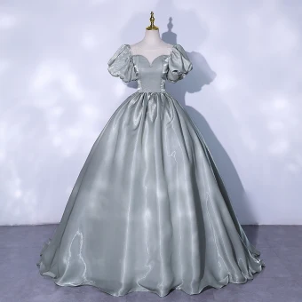 Classy Grey Green Prom Dresses 2021 Ball Gown Scoop Neck Puffy Short Sleeve Backless Floor Length Long Formal Dresses
