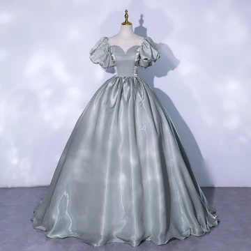 Chic Gris Vert Robe De Bal 2021 Robe Boule Encolure Dégagée Gonflée Manches Courtes Dos Nu Longue Robe De Ceremonie