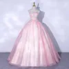 Sexy Candy Pink Prom Dresses 2021 Ball Gown Strapless Sleeveless Backless Floor-Length / Long Formal Dresses