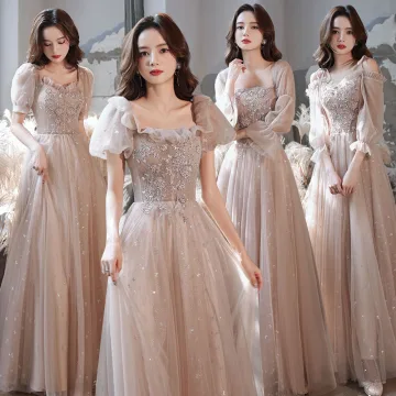 Chic Belle Rougissant Rose Robe Demoiselle D Honneur 2021 Princesse Encolure Carrée Perlage Paillettes Volants Manches Courtes Dos Nu Longue Robe Pour Mariage