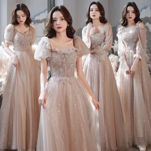 Chic Beautiful Blushing Pink Bridesmaid Dresses 2021 A Line Princess Square Neckline Beading Sequins Ruffle Short Sleeve Backless Floor Length Long Wedding Party Dresses