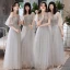 Chic / Beautiful Grey Pearl Lace Flower Bridesmaid Dresses 2021 A-Line / Princess Short Sleeve Backless Floor-Length / Long Bridesmaid Wedding Party Dresses