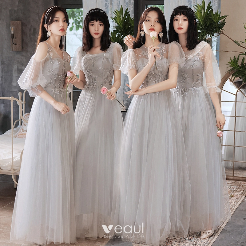 Chic Belle Gris Perle En Dentelle Fleur Robe Demoiselle D honneur 2021 Princesse Manches Courtes Dos Nu Longue Demoiselle D honneur Robe Pour Mariage
