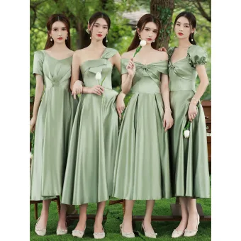 Simple Olive Verte Satin Robe Demoiselle D Honneur 2021 Princesse Manches Courtes Thé Longueur Demoiselle D Honneur Robe Pour Mariage