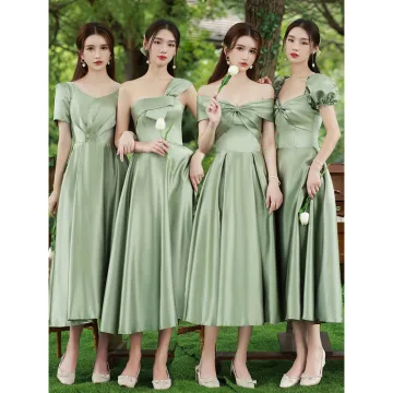 Modest Simple Olive Green Satin Bridesmaid Dresses 2021 A Line Princess Short Sleeve Tea Length Bridesmaid Wedding Party Dresses