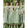 Modest / Simple Olive Green Satin Bridesmaid Dresses 2021 A-Line / Princess Short Sleeve Tea-length Bridesmaid Wedding Party Dresses