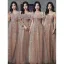 Chic / Beautiful Champagne Glitter Bridesmaid Dresses 2021 A-Line / Princess Short Sleeve Lace Flower Backless Floor-Length / Long Bridesmaid Wedding Party Dresses