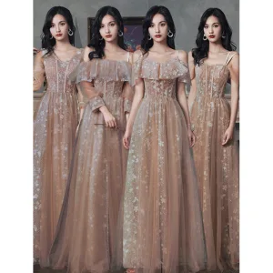 Hermoso Champán Glitter Vestidos De Damas De Honor 2021 A Line Princess Manga Corta Con Encaje Flor Sin Espalda Largos La Dama De Honor Vestidos Para Bodas
