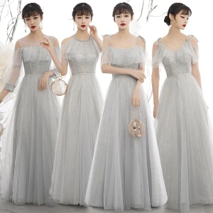 Chic Beautiful Silver Grey Sequins Bridesmaid Dresses 2021 A Line Princess Short Sleeve Backless Sash Floor Length Long Wedding Party Dresses