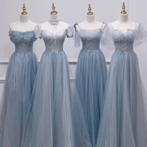 Schöne Himmelblau Perlenstickerei Pailletten Brautjungfernkleider 2021 A Linie Kurze Ärmel Rückenfreies Lange Kleider Für Hochzeit