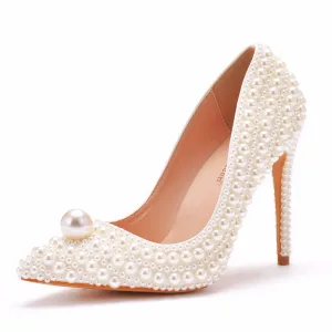 Modest Ivory Pearl Wedding Shoes 2021 11 Cm Stiletto Heels Pointed Toe Wedding Pumps High Heels