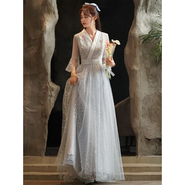 Mode Himmelblau Spitze Blumen Brautjungfernkleider 2021 A Linie V-Ausschnitt Perle Pailletten Glockenhülsen Lange Kleider Für Hochzeit