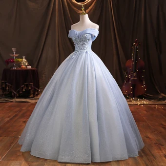 Élégant Bleu Ciel Robe De Bal 2021 Robe Boule De L Épaule Paillettes En Dentelle Fleur Appliques Sans Manches Dos Nu Longue Robe De Ceremonie