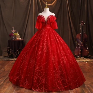 Charmant Bordeaux Paillettes Robe De Bal 2021 Robe Boule Bustier Manches Courtes Dos Nu Perlage Ceinture Longue Promo Robe De Ceremonie