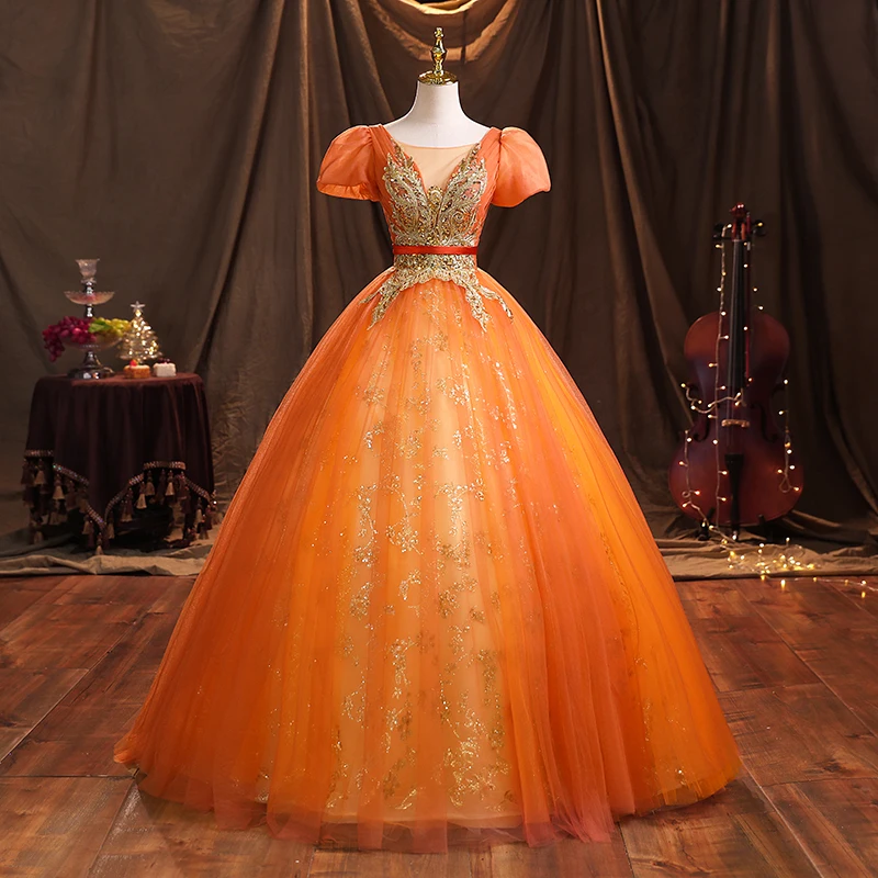 open lace back dress Sparkly Orange Tulle Prom Dresses Spaghetti Strap V-neck Lace Applique –  Viniodress main image 0