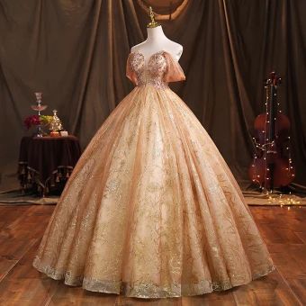 Charmant Champagne Perlage Perle Paillettes Robe De Bal 2021 Robe Boule Bustier Sans Manches Dos Nu Longue Robe De Ceremonie
