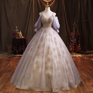 Élégant Bleu Ciel Robe De Bal 2021 Bretelles Spaghetti Perlage Paillettes Gonflée Manches Courtes Dos Nu Longue Robe De Ceremonie