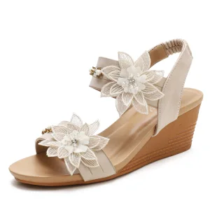 Fashion Beige Street Wear Pearl Rhinestone Lace Flower Womens Sandals 2021 Appliques 5 Cm Wedges Open Peep Toe Sandals