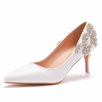 Mode Blanche Faux Diamant Chaussure De Mariée 2021 7 Cm Talons Aiguilles À Bout Pointu Mariage Escarpins Talons Hauts