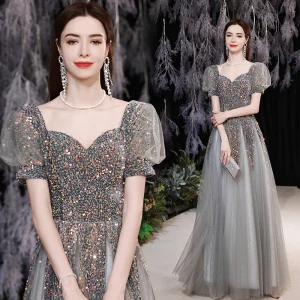 Chic Belle Gris Robe De Bal 2021 Princesse Encolure Carrée Multi Couleurs Paillettes Manches Courtes Dos Nu Longue Promo Robe De Ceremonie