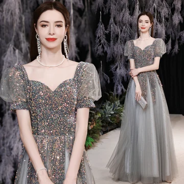 Chic Belle Gris Robe De Bal 2021 Princesse Encolure Carrée Multi Couleurs Paillettes Manches Courtes Dos Nu Longue Promo Robe De Ceremonie