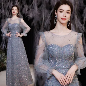 Scintillantes Bleu Ciel Perlage Paillettes Robe De Soirée 2021 Princesse Encolure Dégagée 3 4 Manches Soirée Longue Robe De Ceremonie