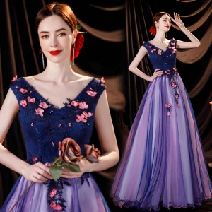 Flower Fairy Navy Blue Prom Dresses 2021 A Line Princess V Neck Appliques Lace Flower Sleeveless Backless Floor Length Long Formal Dresses