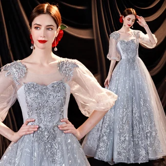 Charming Grey Prom Dresses 2021 A Line Princess Scoop Neck Beading Pearl Lace Flower Puffy Short Sleeve Backless Floor Length Long Formal Dresses