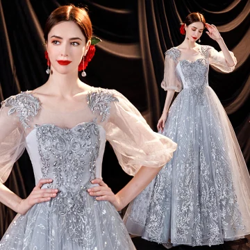 Charming Grey Prom Dresses 2021 A Line Princess Scoop Neck Beading Pearl Lace Flower Puffy Short Sleeve Backless Floor Length Long Formal Dresses