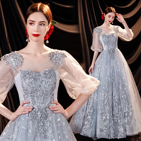 Encantador Gris Vestidos de gala 2021 A-Line / Princess Scoop Escote Rebordear Perla Con Encaje Flor Hinchado Manga Corta Sin Espalda Largos Vestidos Formales