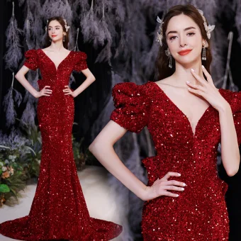 Scintillantes Bordeaux Perlage Paillettes Robe De Soirée 2021 Trompette Sirène V Cou Manches Courtes Dos Nu Noeud Train De Balayage Robe De Ceremonie