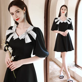 Lovely Black Short Homecoming Graduation Dresses 2021 A Line Princess V Neck Pearl Bow Short Sleeve Formal Dresses