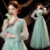 Chic / Beautiful Mint Green Prom Dresses 2021 A-Line / Princess V-Neck Bell sleeves Backless Pearl Sequins Lace Flower Floor-Length / Long Formal Dresses