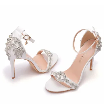 Charmant Blanche Faux Diamant Chaussure De Mariée 2021 Bride Cheville 8 Cm Talons Aiguilles Peep Toes Bout Ouvert Mariage Talons Hauts